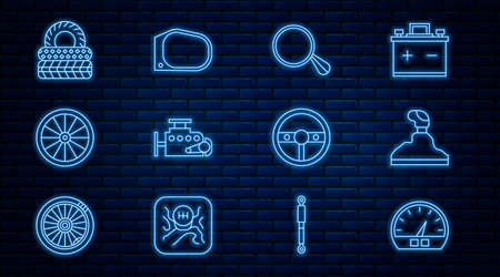 Set line Speedometer, Gear shifter, Car mirror, engine, wheel, tire, Steering and icon. Vectorのイラスト素材