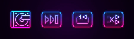 Set line Vinyl player with vinyl disk, Fast forward, Repeat track music and Arrow shuffle. Glowing neon icon. Vectorのイラスト素材
