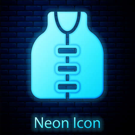 Glowing neon Life jacket icon isolated on brick wall background. Life vest icon. Extreme sport. Sport equipment. Vectorのイラスト素材