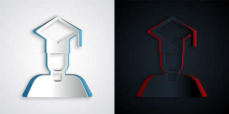 Paper cut Graduate and graduation cap icon isolated on grey and black background. Paper art style. Vectorのイラスト素材