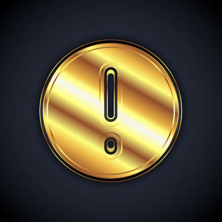 Gold Speech bubble and Exclamation icon isolated on black background. FAQ sign. Copy files, chat speech bubble and chart. Vectorのイラスト素材