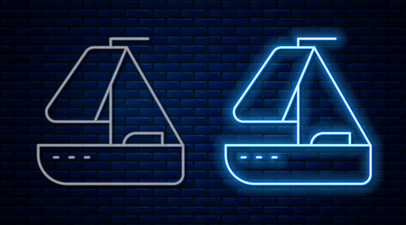 Glowing neon line Yacht sailboat or sailing ship icon isolated on brick wall background. Sail boat marine cruise travel. Vectorのイラスト素材