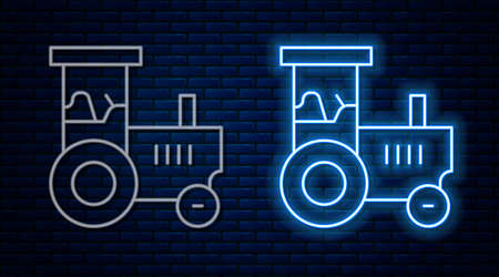 Glowing neon line Tractor icon isolated on brick wall background. Vectorのイラスト素材