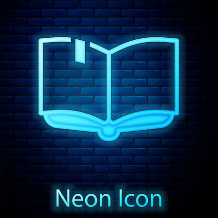 Glowing neon Open book icon isolated on brick wall background. Vectorのイラスト素材
