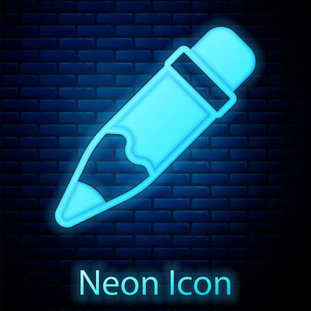 Glowing neon Pencil with eraser icon isolated on brick wall background. Drawing and educational tools. School office symbol. Vectorのイラスト素材