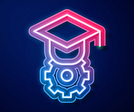 Glowing neon line Graduation cap icon isolated on blue background. Graduation hat with tassel icon. Vectorのイラスト素材