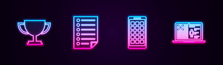 Set line Trophy cup, Document, Mobile Apps and Medical clinical record. Glowing neon icon. Vectorのイラスト素材
