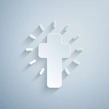 Paper cut Christian cross icon isolated on grey background. Church cross. Paper art style. Vectorのイラスト素材