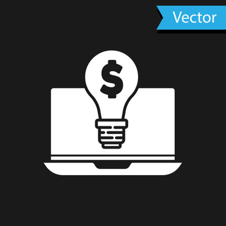 White Business light bulb with dollar on laptop screen icon isolated on black background. User touch screen. Vectorのイラスト素材