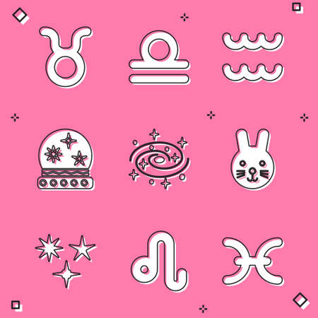 Set Taurus zodiac, Libra, Aquarius, Magic ball, Milky way spiral galaxy, Rabbit, Falling star and Leo icon. Vectorのイラスト素材