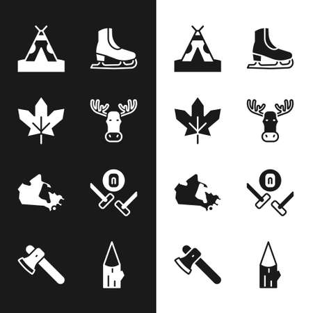 Set Moose head with horns, Canadian maple leaf, Indian teepee wigwam, Skates, Canada, Curling sport game, Wooden log and axe icon. Vectorのイラスト素材
