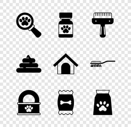 Set Veterinary clinic, Medicine bottle and pills, Hair brush for dog cat, Canned food, Bag of pet, Shit and Dog house icon. Vectorのイラスト素材