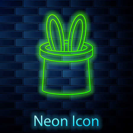 Glowing neon line Magician hat and rabbit ears icon isolated on brick wall background. Magic trick. Mystery entertainment concept. Vectorのイラスト素材