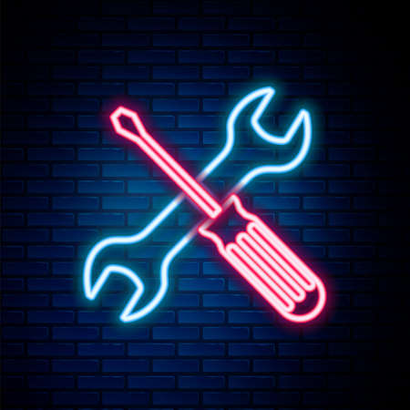 Glowing neon line Crossed screwdriver and wrench tools icon isolated on brick wall background. Service tool symbol. Colorful outline concept. Vectorのイラスト素材
