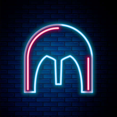 Glowing neon line Medieval iron helmet for head protection icon isolated on brick wall background. Colorful outline concept. Vectorのイラスト素材
