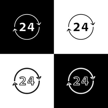 Set Clock 24 hours icon isolated on black and white background. All day cyclic icon. 24 hours service symbol. Vectorのイラスト素材