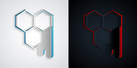 Paper cut Honeycomb icon isolated on grey and black background. Honey cells symbol. Sweet natural food. Paper art style. Vectorのイラスト素材
