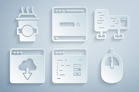 Set Software, Computer monitor screen, Cloud technology data transfer, mouse, Search engine and Coffee cup go icon. Vectorのイラスト素材