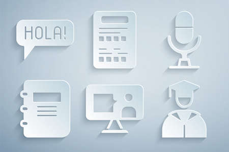 Set Foreign language online study, Microphone voice device, Notebook, Graduate and graduation cap, Exam sheet and Hola different languages icon. Vectorのイラスト素材