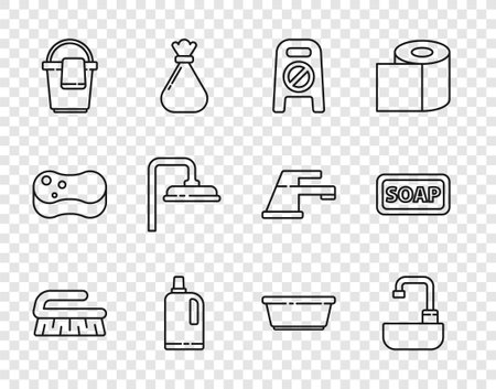 Set line Brush for cleaning, Washbasin with water tap, Wet floor and progress, Fabric softener, Bucket rag, Shower head, Plastic and Bar soap icon. Vectorのイラスト素材