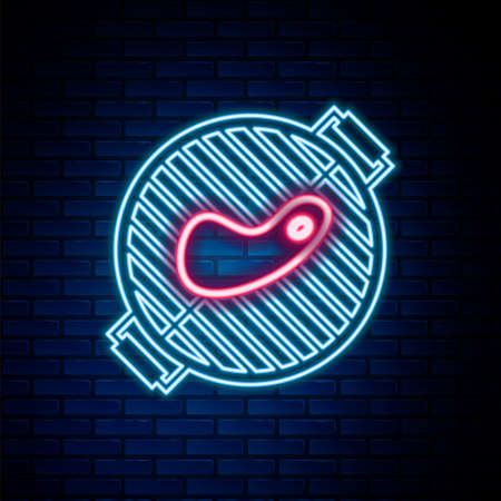 Glowing neon line Barbecue grill with steak icon isolated on brick wall background. BBQ grill party. Colorful outline concept. Vectorのイラスト素材