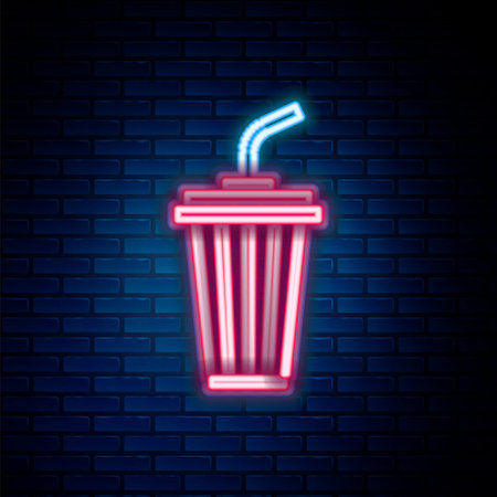 Glowing neon line Glass with water icon isolated on brick wall background. Soda drink glass with drinking straw. Fresh cold beverage symbol. Colorful outline concept. Vectorのイラスト素材