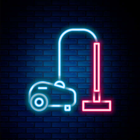 Glowing neon line Vacuum cleaner icon isolated on brick wall background. Colorful outline concept. Vectorのイラスト素材