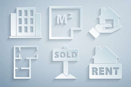 Set Hanging sign with text Sold, Realtor, House plan, Rent, and icon. Vector