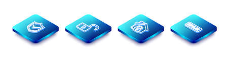 Set Isometric line Shield with check mark, Open padlock, House under protection and Spam icon. Vectorのイラスト素材