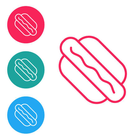 Red line Hotdog sandwich icon isolated on white background. Sausage icon. Fast food sign. Set icons in circle buttons. Vectorのイラスト素材