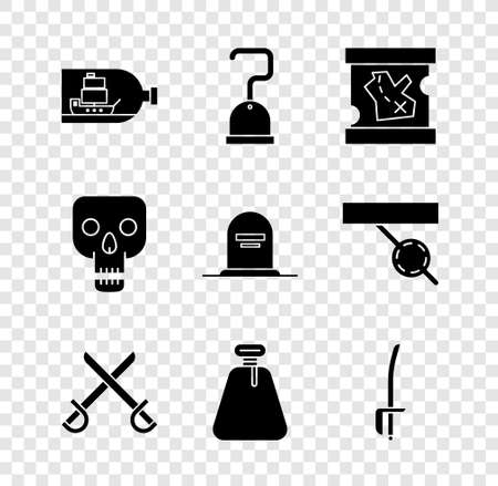 Set Bottle with ship inside, Pirate hook, treasure map, Crossed pirate swords, sack, Skull and Tombstone RIP written icon. Vectorのイラスト素材
