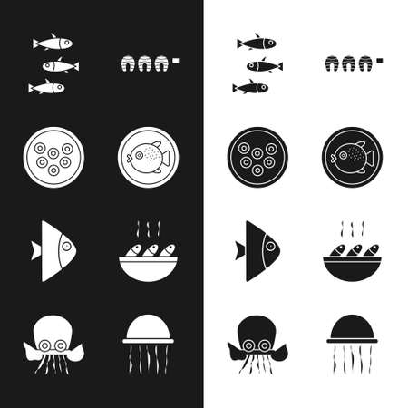 Set Puffer fish on a plate, Caviar, Fishes, Grilled steak, soup, Jellyfish and Octopus icon. Vectorのイラスト素材
