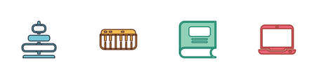 Set Pyramid toy, Music synthesizer, Book and Laptop icon. Vectorのイラスト素材