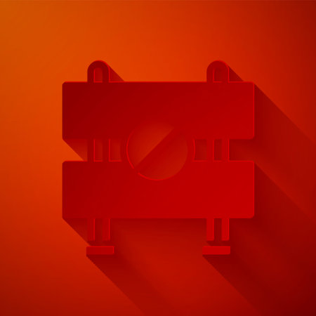 Paper cut Road barrier icon isolated on red background. Symbol of restricted area which are in under construction processes. Repair works. Paper art style. Vectorのイラスト素材