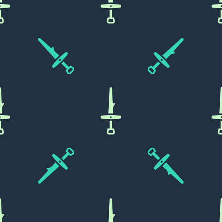 Green and beige Dagger icon isolated seamless pattern on blue background. Knife icon. Sword with sharp blade. Vectorのイラスト素材