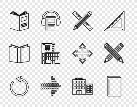 Set line Refresh, Book, Crossed ruler and pencil, Dots arrow, Open book, Mall or supermarket building, Hotel and icon. Vectorのイラスト素材