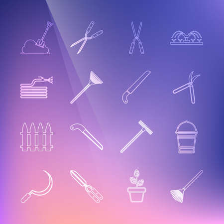 Set line Garden rake for leaves, Bucket, Gardening handmade scissor, hose fire hose, Shovel the ground and saw icon. Vectorのイラスト素材