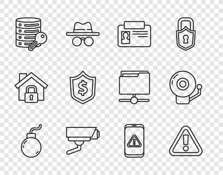 Set line Bomb ready to explode, Exclamation mark in triangle, Identification badge, Security camera, Server security with key, Shield dollar, Mobile exclamation and Ringing alarm bell icon. Vectorのイラスト素材