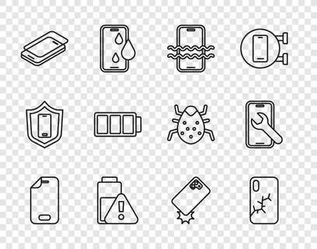 Set line Glass screen protector, Mobile with broken, Waterproof phone, Smartphone battery charge, Battery, Shockproof and service icon. Vectorのイラスト素材