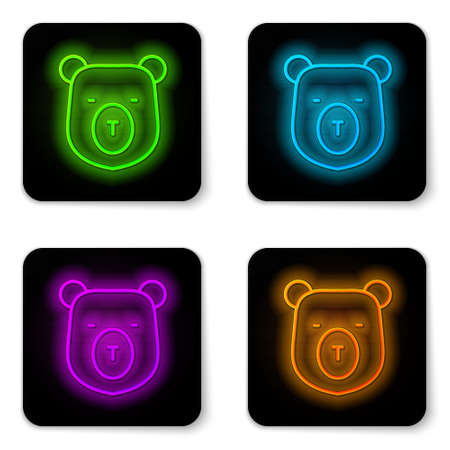 Glowing neon line Bear head icon isolated on white background. Black square button. Vectorのイラスト素材