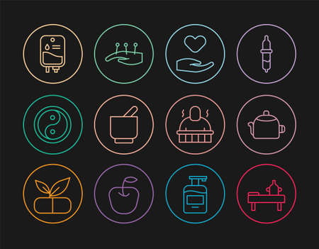 Set line Massage table with oil, Kettle handle, Heart in, Mortar pestle, Yin Yang, IV bag, Sauna spa procedures and Acupuncture therapy icon. Vectorのイラスト素材