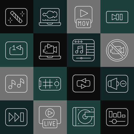 Set line Music equalizer, Speaker mute, Prohibition no video recording, MOV file, Online play, Repeat track music player, Photo retouching and icon. Vectorのイラスト素材