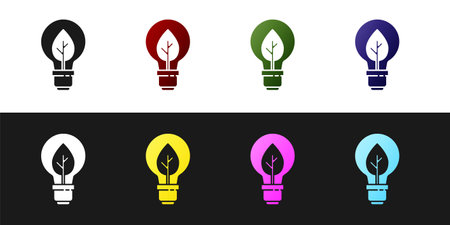 Set Light bulb with leaf icon isolated on black and white background. Eco energy concept. Alternative energy concept. Vectorのイラスト素材