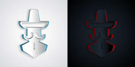 Paper cut Mexican man wearing sombrero icon isolated on grey and black background. Hispanic man with a mustache. Paper art style. Vectorのイラスト素材