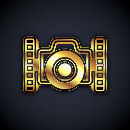 Gold Photo camera for diver icon isolated on black background. Foto camera icon. Diving underwater equipment. Vectorのイラスト素材