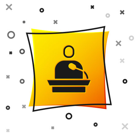 Black Gives lecture icon isolated on white background. Stand near podium. Speak into microphone. The speaker lectures and gestures. Yellow square button. Vectorのイラスト素材