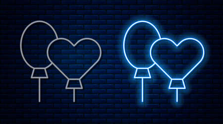 Glowing neon line Balloons with ribbon icon isolated on brick wall background. Vectorのイラスト素材