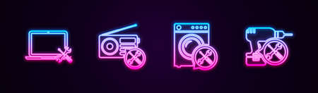 Set line Laptop service, Radio, Washer and Drill machine. Glowing neon icon. Vectorのイラスト素材