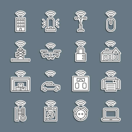 Set line Wireless laptop, Smart printer, home with wireless, street light, drone, antenna, and safe combination lock icon. Vectorのイラスト素材