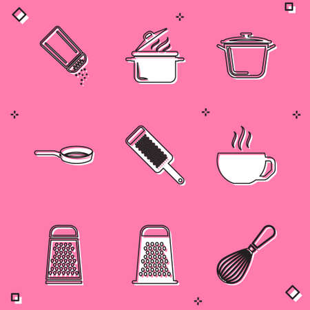 Set Salt and pepper, Cooking pot, Frying pan, Grater, Coffee cup, and icon. Vectorのイラスト素材